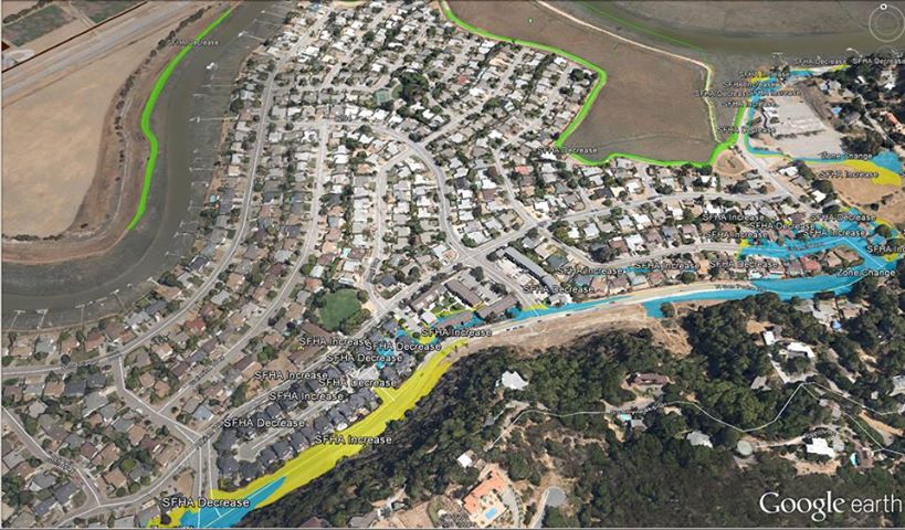 Photo: FEMA Marin http://www.r9map.org/Pages/ProjectDetailsPage.aspx?choloco=21&choProj=231
Checkout the Special Flood Hazard Areas (SFHA) INCREASE or DECREASE or ZONE CHANGES
On Google Earth overlay (the Map link on the webpage) see attached pic
And video http://www.youtube.com/watch?v=hT5QoNuWa-g&feature=youtu.be