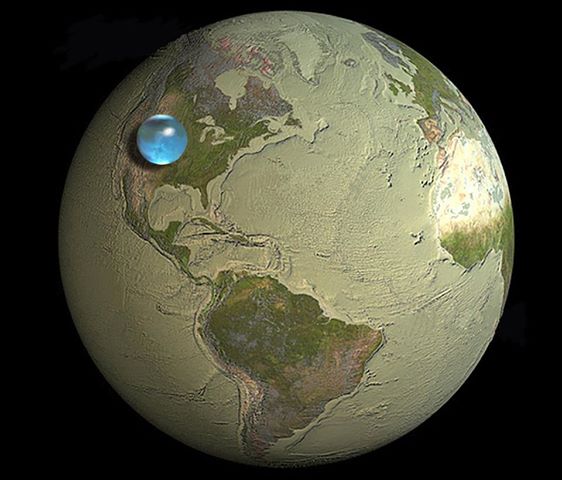 Photo: All the Water on Planet Earth 
Illustration Credit & Copyright: Jack Cook, Woods Hole Oceanographic Institution, Howard Perlman, USGS
Explanation: How much of planet Earth is made of water? Very little, actually. Although oceans of water cover about 70 percent of Earth's surface, these oceans are shallow compared to the Earth's radius. The above illustration shows what would happen is all of the water on or near the surface of the Earth were bunched up into a ball. The radius of this ball would be only about 700 kilometers, less than half the radius of the Earth's Moon, but slightly larger than Saturn's moon Rhea which, like many moons in our outer Solar System, is mostly water ice. How even this much water came to be on the Earth and whether any significant amount is trapped far beneath Earth's surface remain topics of research.Astronomy Picture of the Day